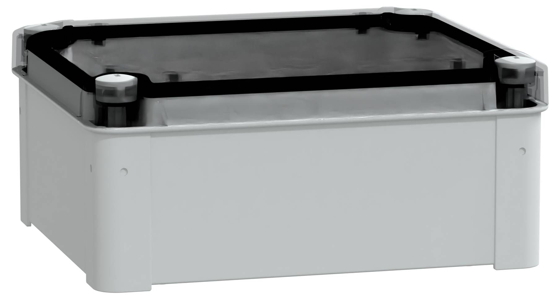 Un boîtier de jonction électrique rectangulaire, gris, avec un couvercle noir, présentant des angles arrondis, utilisé pour enfermer les connexions de câblage.