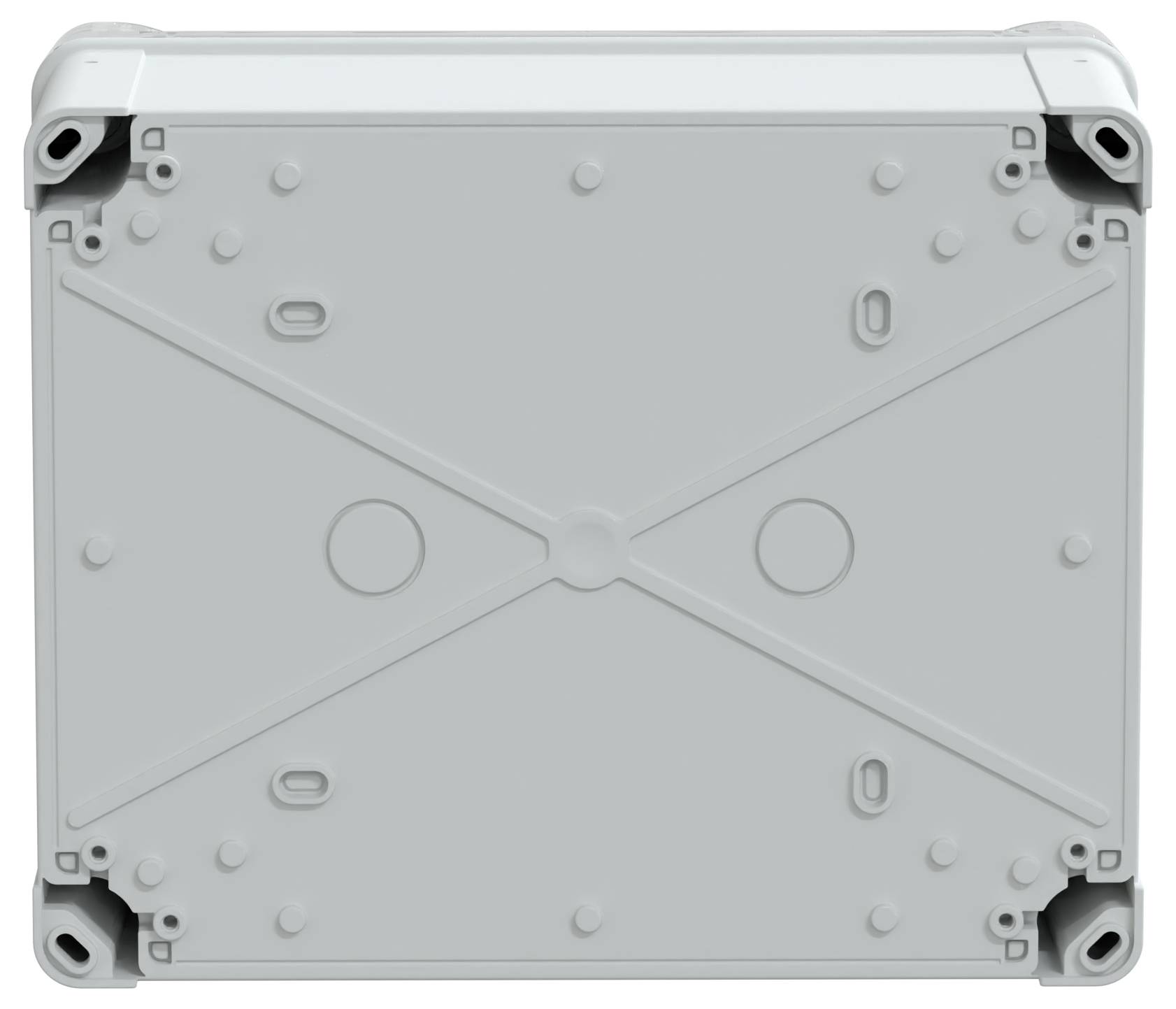 Un boîtier électronique gris, carré, avec plusieurs trous de vis et des indentations circulaires sur sa surface, adapté au montage de composants.