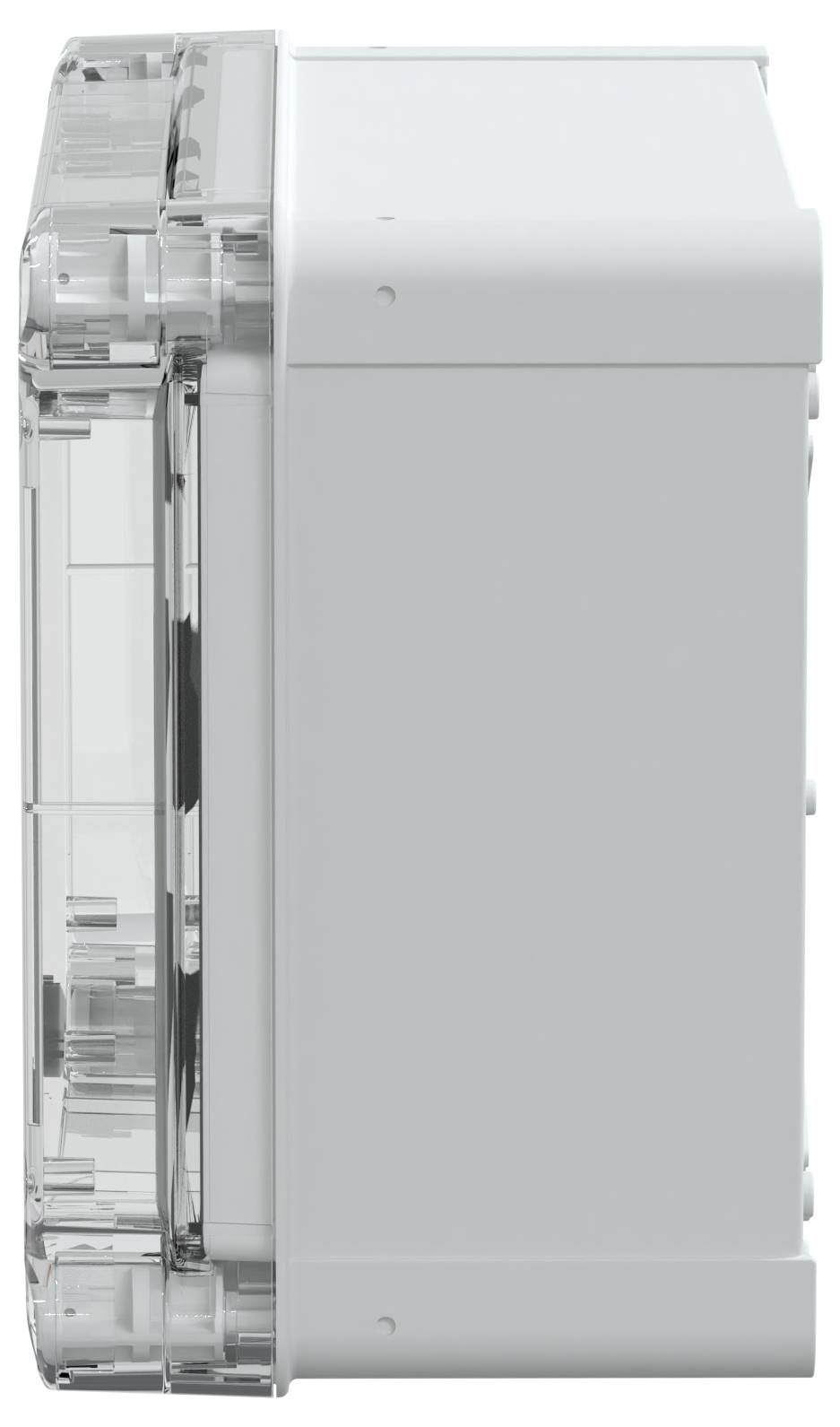 Vue latérale d'un appareil électronique en plastique blanc avec des bords transparents, présentant un design rectangulaire compact et des détails de surface subtils.