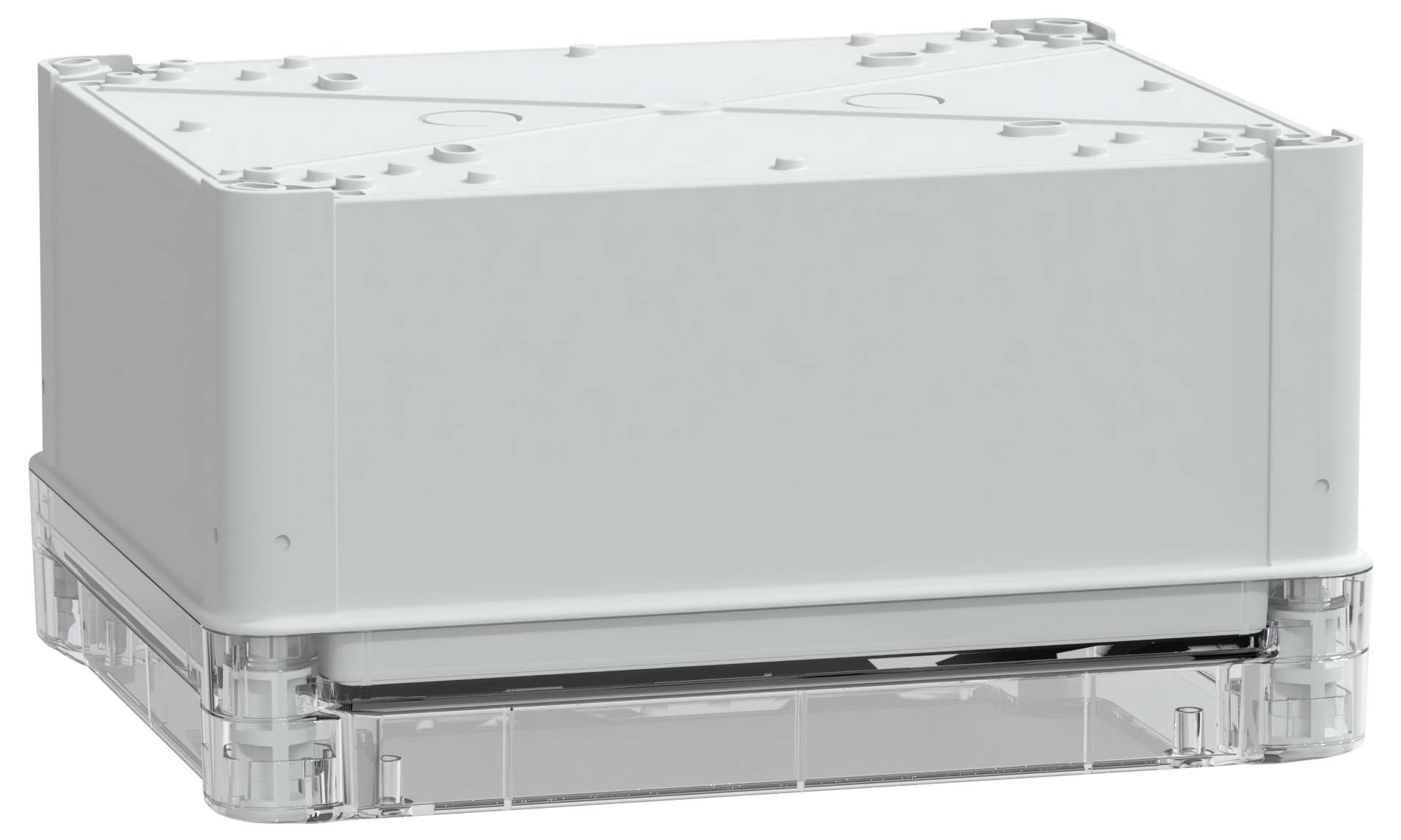 Un boîtier de jonction électrique rectangulaire en plastique blanc, avec une base transparente, utilisé pour abriter et protéger les connexions électriques en toute sécurité.