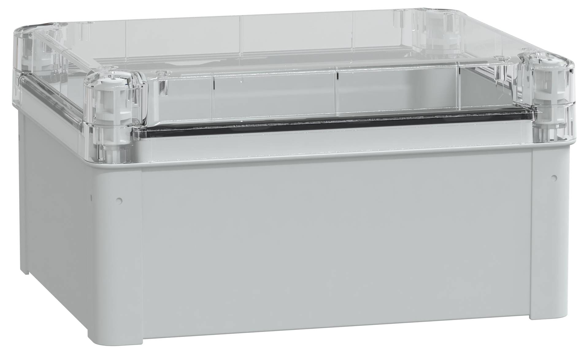 Un boîtier rectangulaire en plastique avec un couvercle transparent, couramment utilisé pour loger des composants ou de l'équipement électrique.