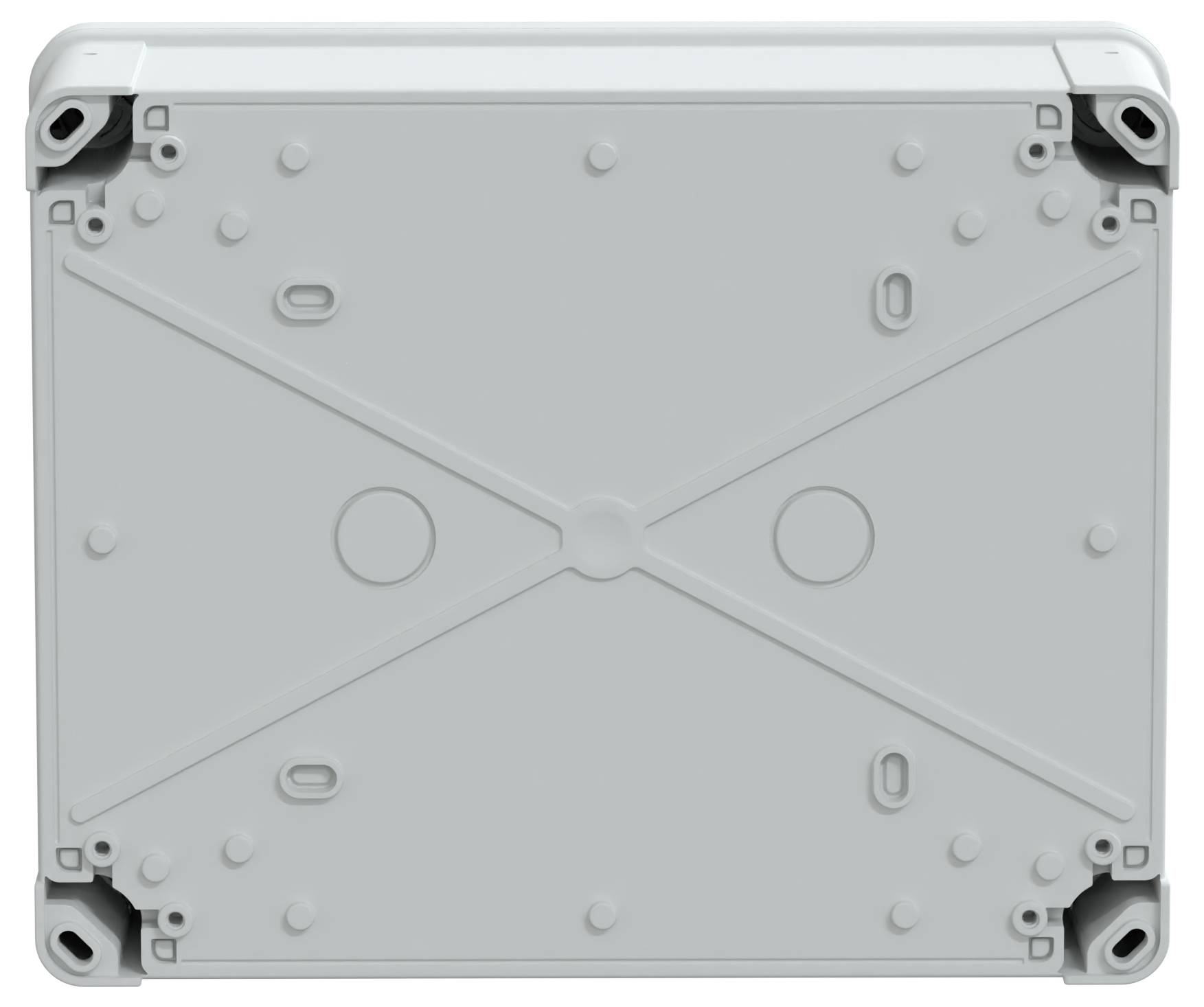 Un couvercle de boîte de jonction électrique rectangulaire en plastique gris, avec des trous de vis aux angles et un design symétrique en forme de x embossé sur la surface.