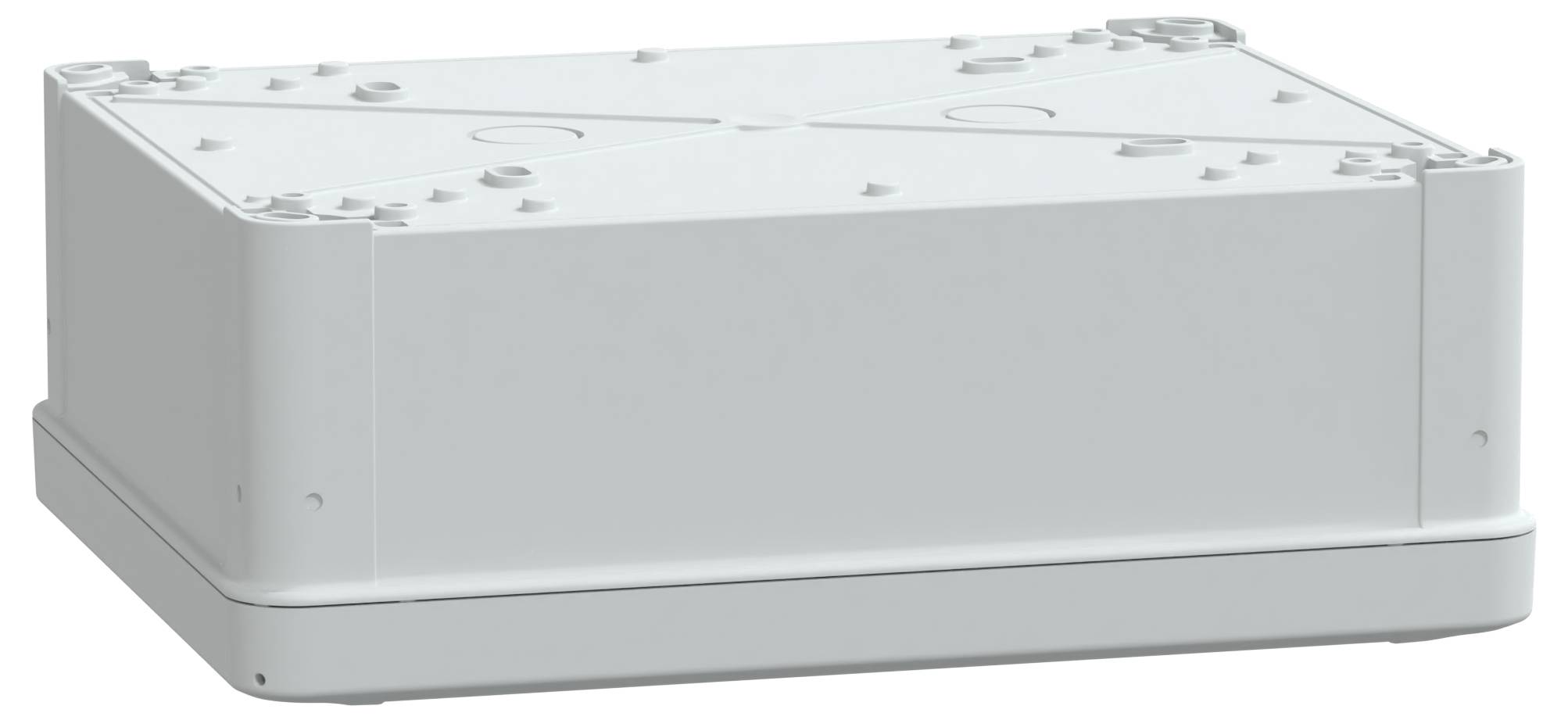 Un boîtier rectangulaire blanc en plastique avec un dessus plat légèrement texturé, présentant plusieurs trous de vis et de petites rainures verticales sur les côtés.