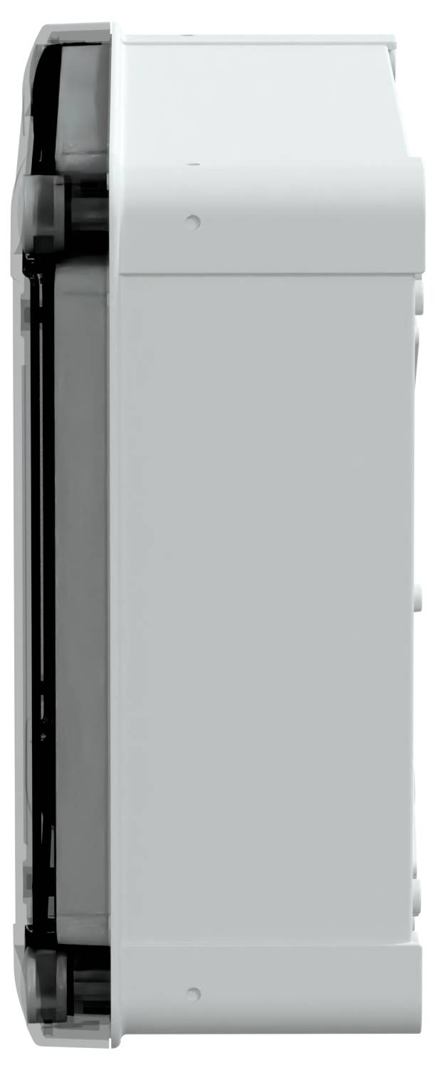 Vue de côté d'un appareil rectangulaire gris avec des boutons et des compartiments, probablement un appareil électroménager ou un équipement électronique.