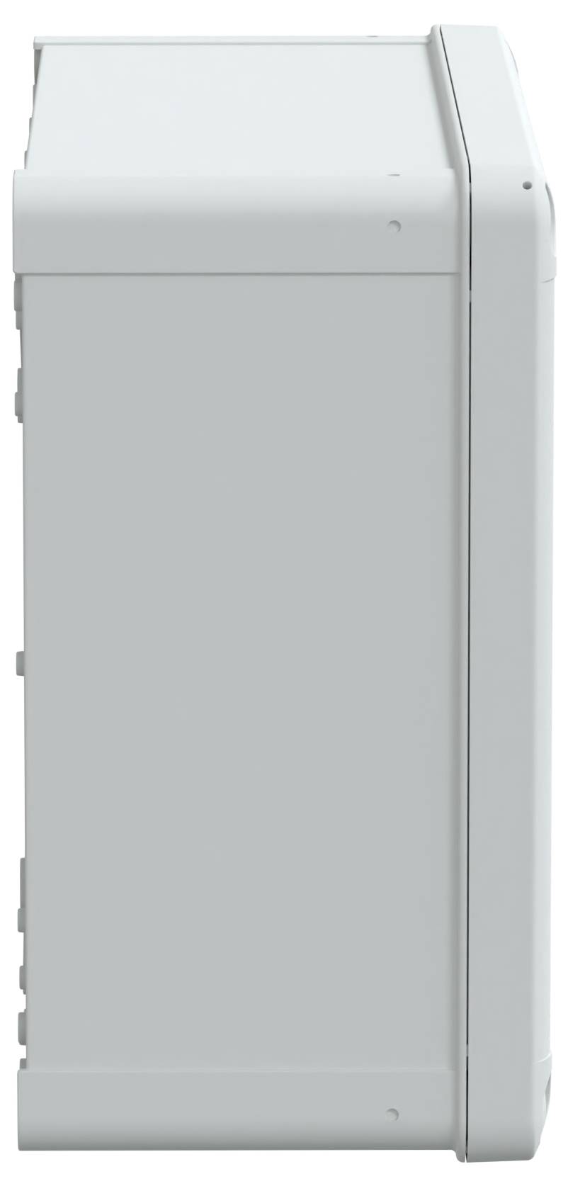 Vue latérale d'une grande machine industrielle blanche rectangulaire aux lignes épurées, sans aucune marque ou commande visible.