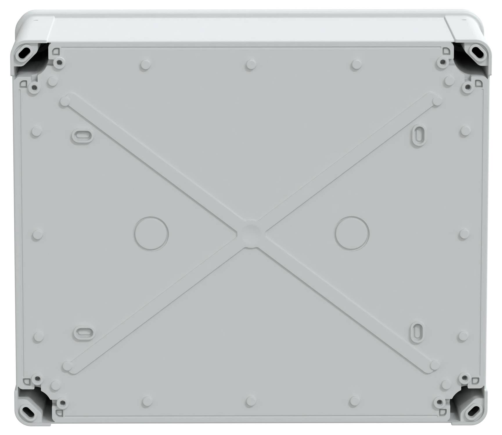 Un boîtier de jonction électrique gris, rectangulaire, vu de face, montrant un motif en croix et plusieurs trous de vis pour la fixation.