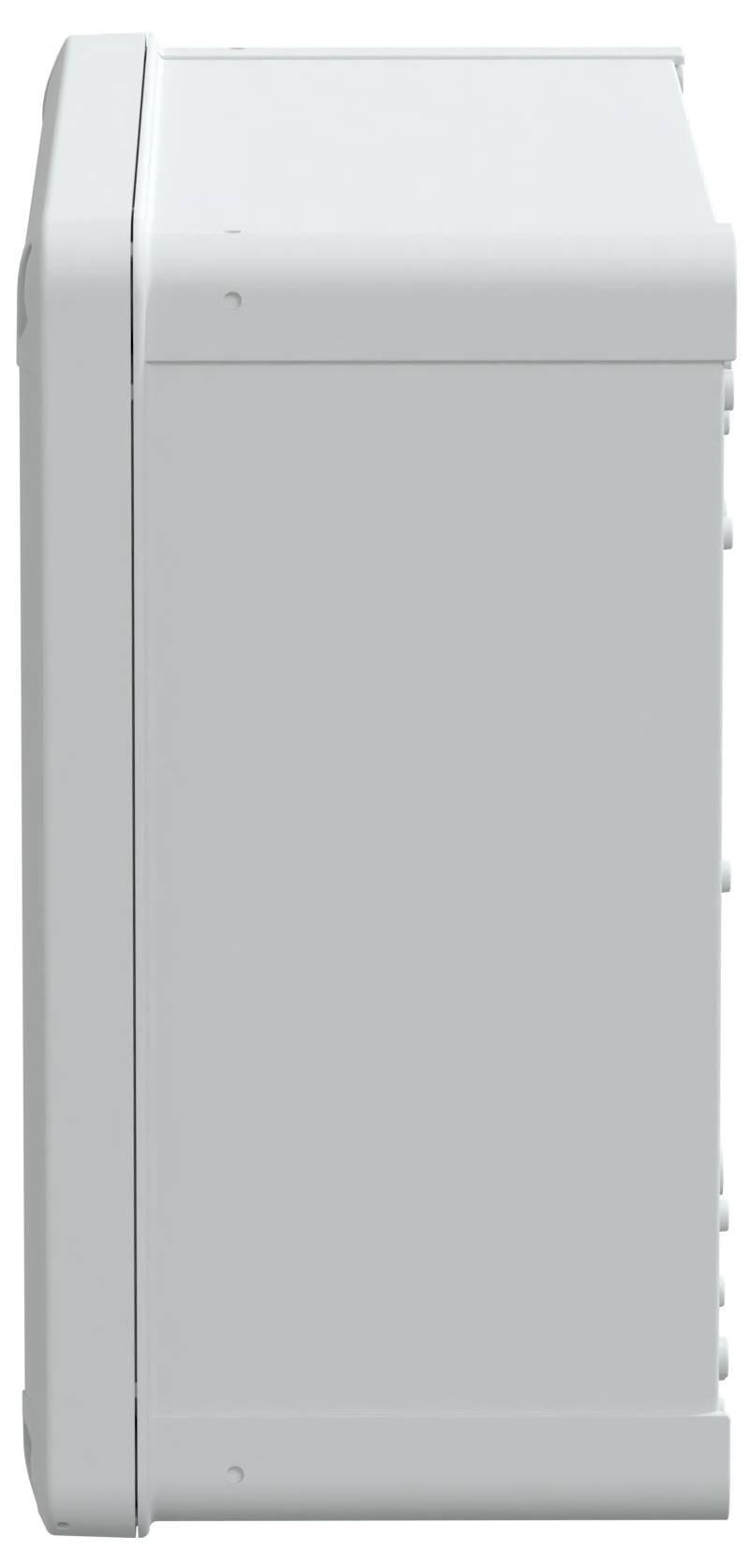 Une boîte rectangulaire grise claire et simple, vue de profil, avec des caractéristiques minimales visibles.