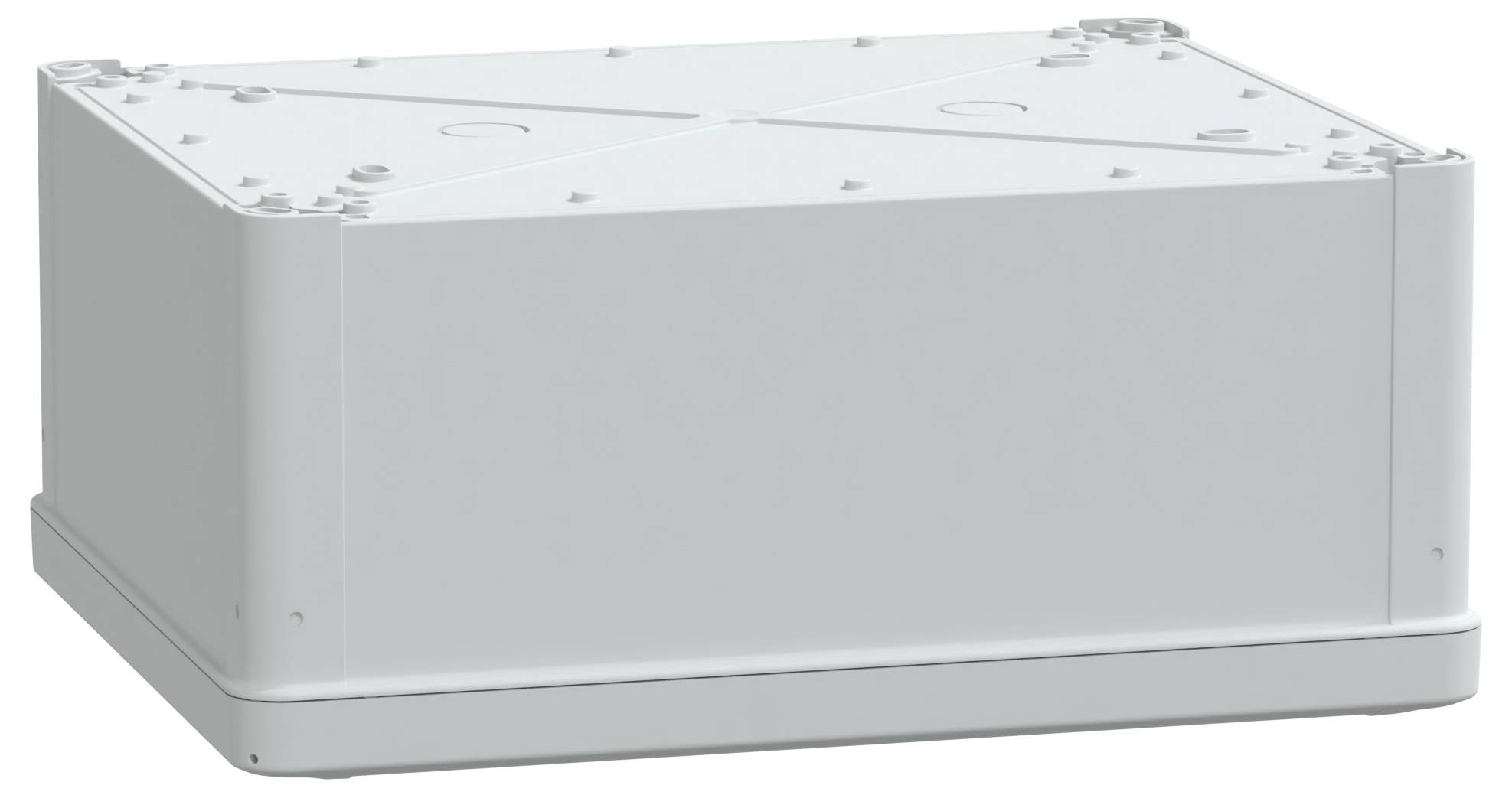 Un boîtier rectangulaire gris clair, à la surface lisse et simple, utilisé pour loger et protéger du matériel électrique.