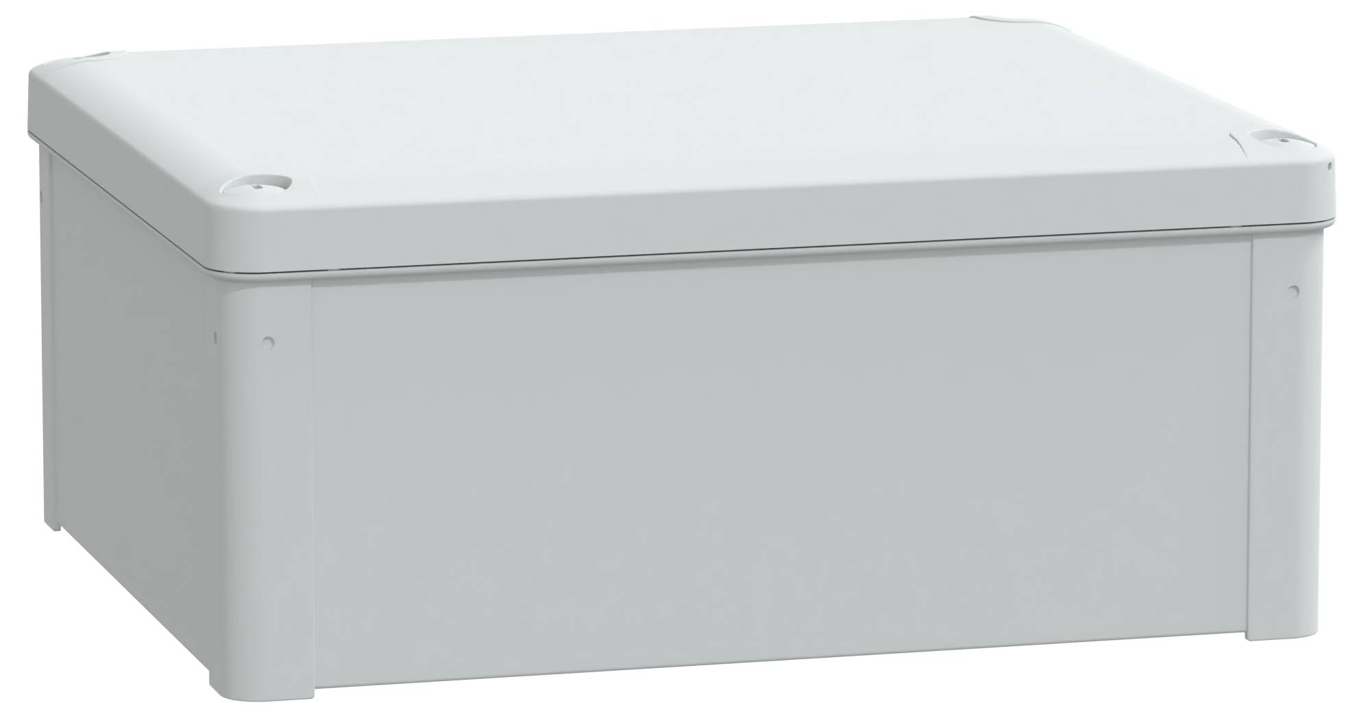 Un boîtier en plastique rectangulaire gris clair avec un couvercle amovible, conçu pour protéger et organiser des composants électriques ou des câblages.