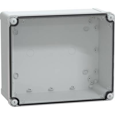 Un boîtier électrique rectangulaire en plastique transparent avec un cadre blanc et des vis d'angle, utilisé pour loger des composants électroniques.