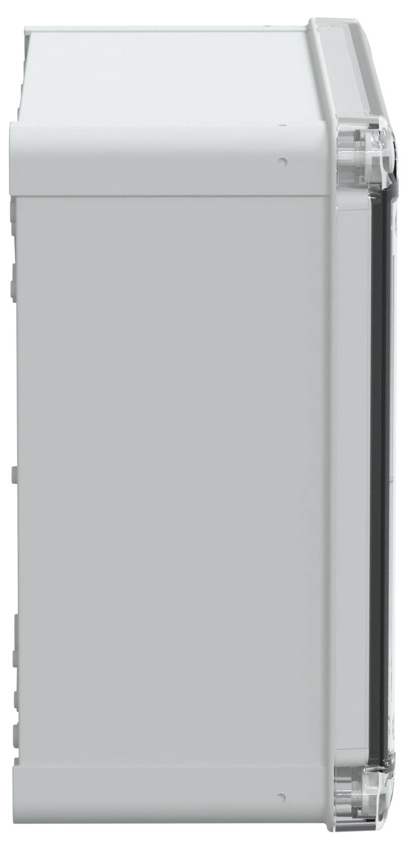 Vue latérale d'un dispositif électronique gris rectangulaire avec un couvercle transparent et articulé sur la droite.