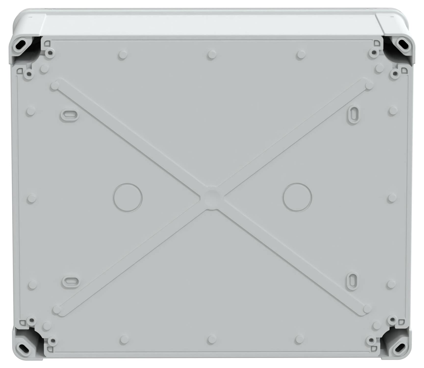 Un boîtier de jonction électrique gris, rectangulaire, à surface texturée et avec des trous prépercés aux angles.