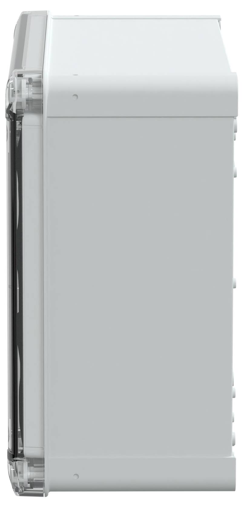 Vue de côté d'un dispositif électronique blanc rectangulaire avec un couvercle transparent sur la gauche. Aucune marque ou caractéristique visible.