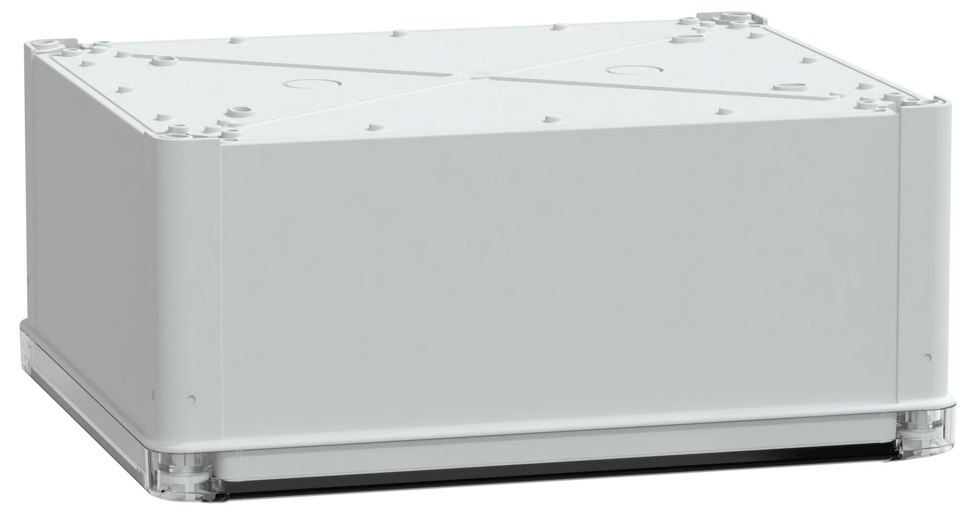 Un boîtier de jonction électrique rectangulaire blanc avec un couvercle sécurisé.