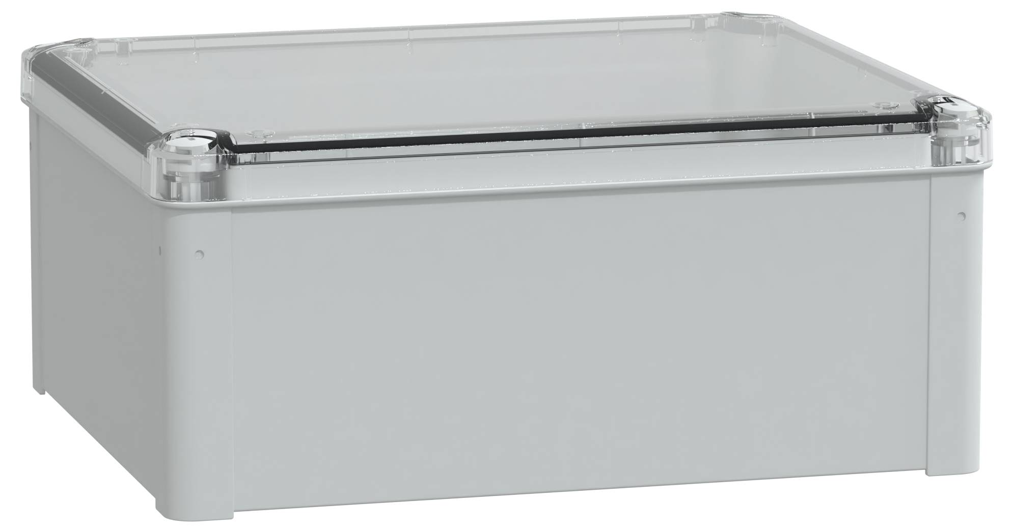 Un boîtier industriel rectangulaire gris avec un couvercle transparent et des coins arrondis est présenté, suggérant un dispositif de stockage ou de logement pour de l'équipement.