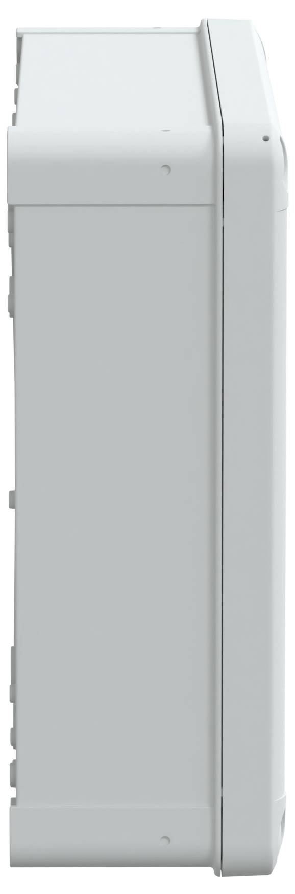 Vue latérale d'un boîtier électrique rectangulaire à surface lisse de couleur gris clair, présentant des charnières sur un côté.