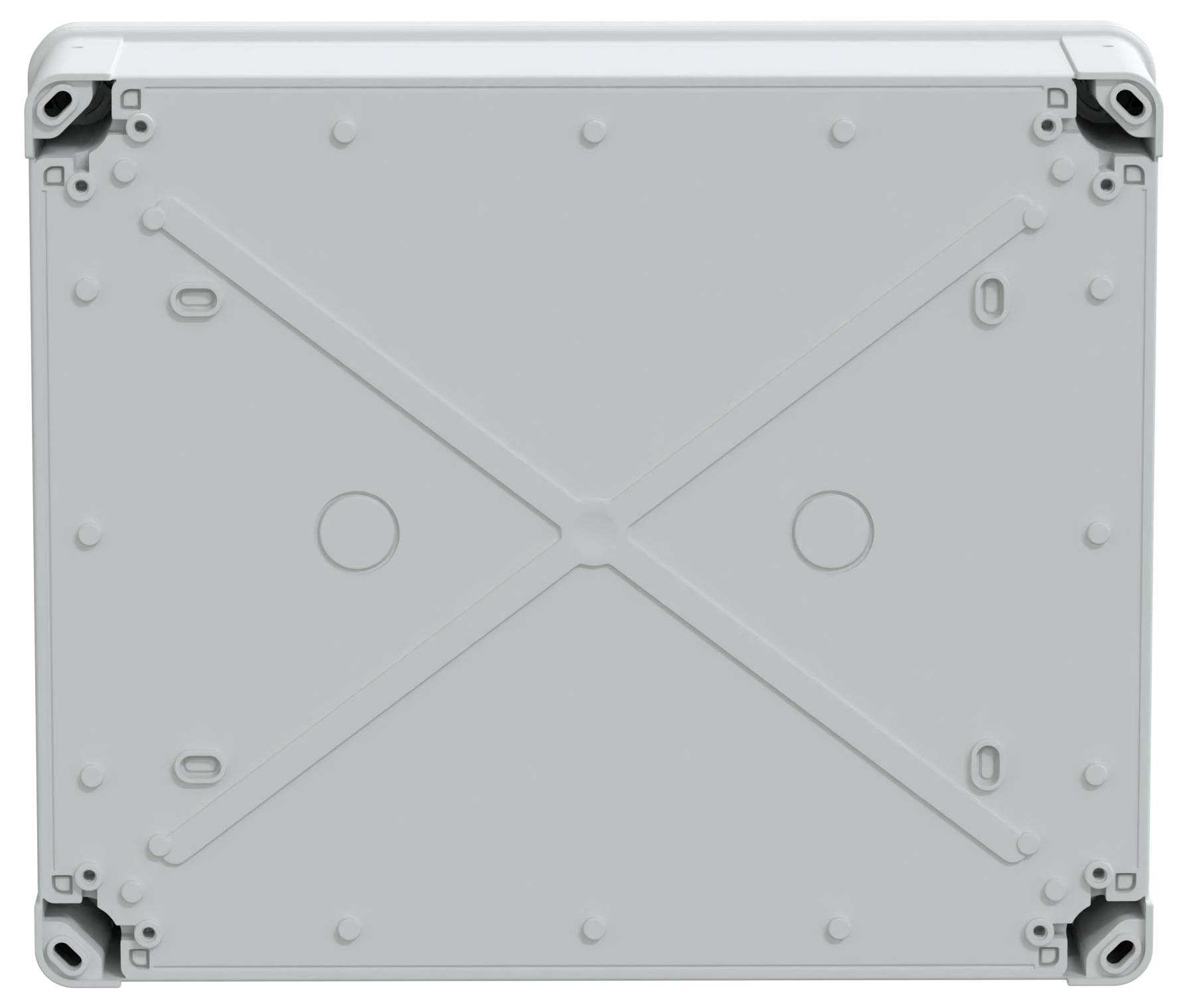 Un boîtier électrique gris avec quatre trous de vis dans les coins et un motif en 'X' sur sa surface, généralement utilisé pour abriter les câblages.