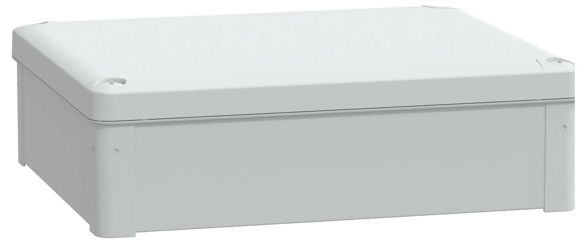 Un boîtier de jonction électrique rectangulaire, de couleur gris clair, avec un couvercle lisse et hermétique, conçu pour une utilisation extérieure ou industrielle.