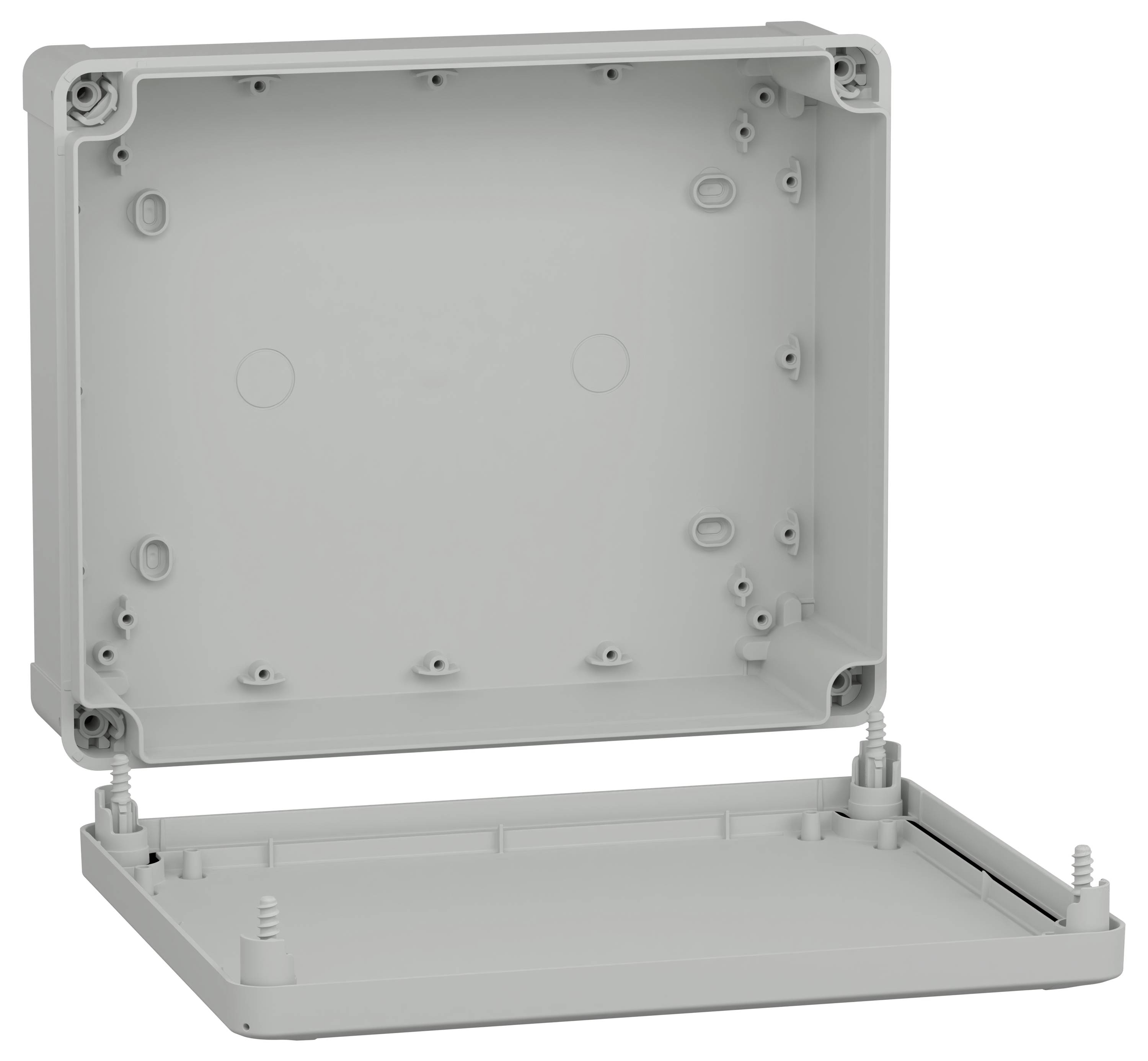 Un boîtier de jonction électrique rectangulaire ouvert de couleur grise, montrant son couvercle séparé de la base, avec des trous de montage visibles à l'intérieur.