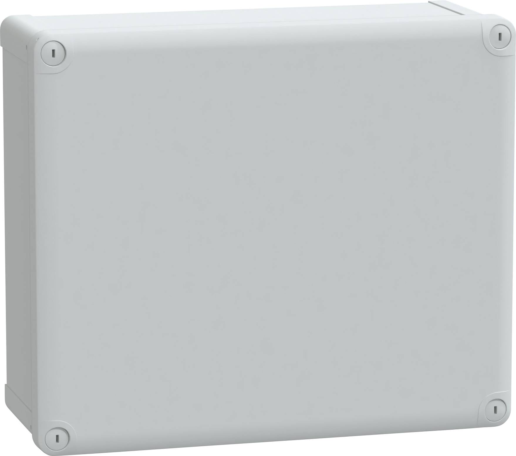 Un boîtier de protection rectangulaire en plastique gris clair, avec des coins arrondis et des trous de vis à chaque angle, utilisé pour protéger des composants électriques.