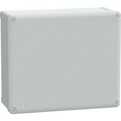 Un boîtier de protection rectangulaire en plastique gris clair, avec des coins arrondis et des trous de vis à chaque angle, utilisé pour protéger des composants électriques.