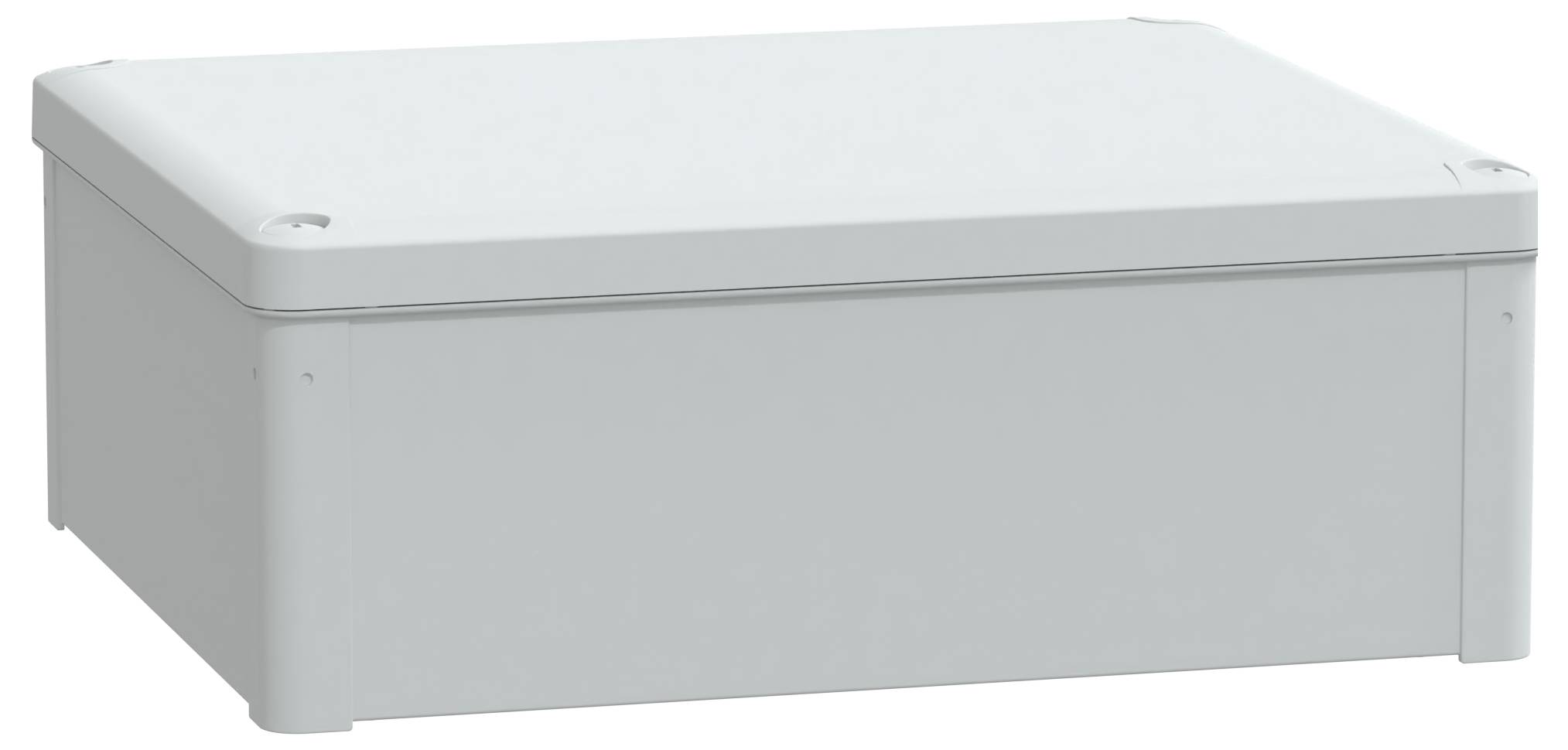 Un boîtier de jonction électrique rectangulaire, de couleur gris clair, avec un couvercle plat et un design simple.