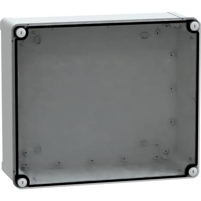Un boîtier électrique rectangulaire doté de plusieurs points de fixation et d'un panneau transparent, utilisé pour loger et protéger des composants électroniques.