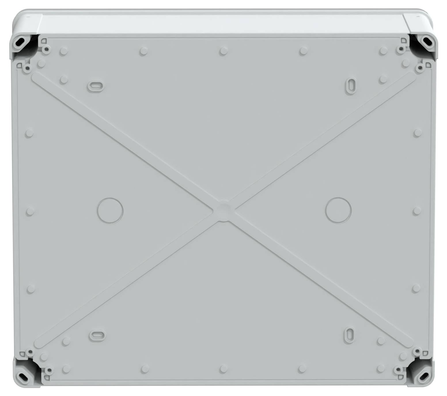 Un panneau métallique gris clair avec des emplacements de montage et de petites indentations circulaires, présentant un renforcement en forme de X.
