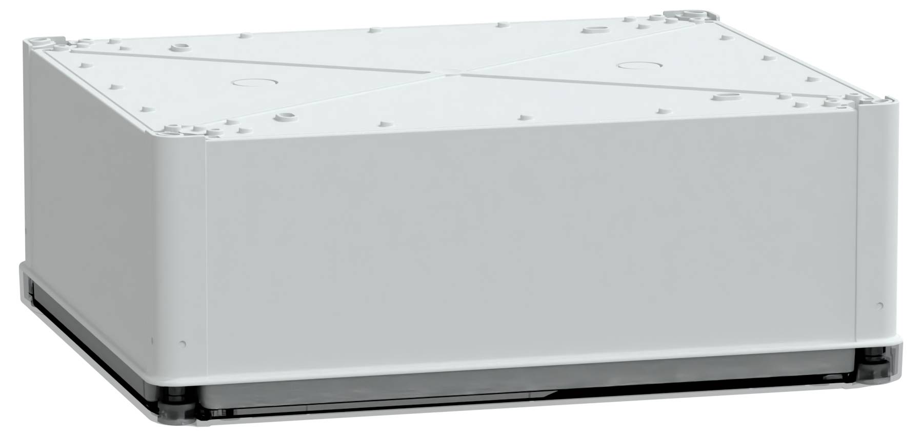 « Une boîte blanche rectangulaire simple avec une surface supérieure plate, renforcée en croix, et de petites vis visibles le long des bords. »