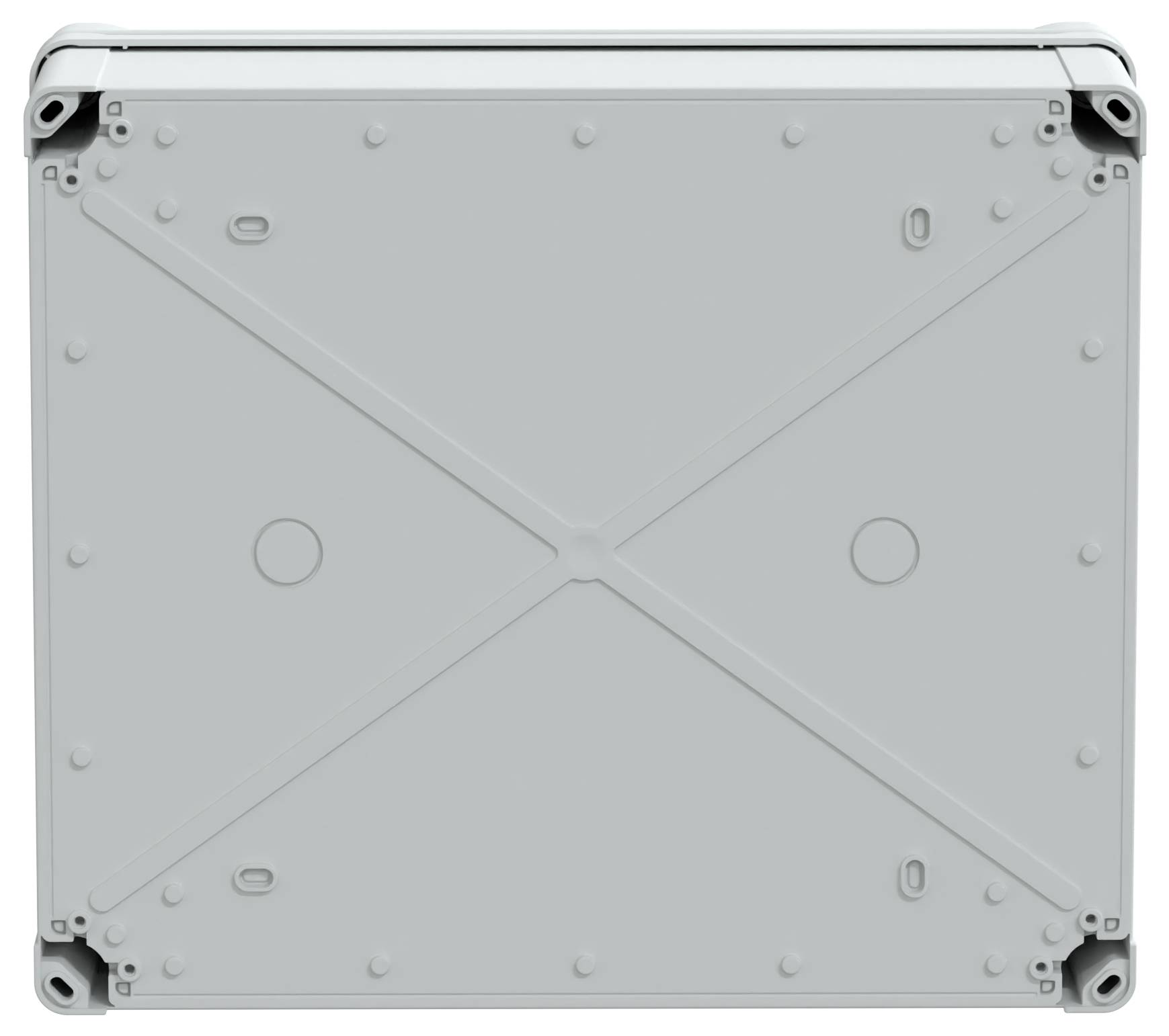 Un boîtier électrique gris carré, vu de dessus, présentant une surface plane et lisse avec des fixations de boulons subtiles aux angles.