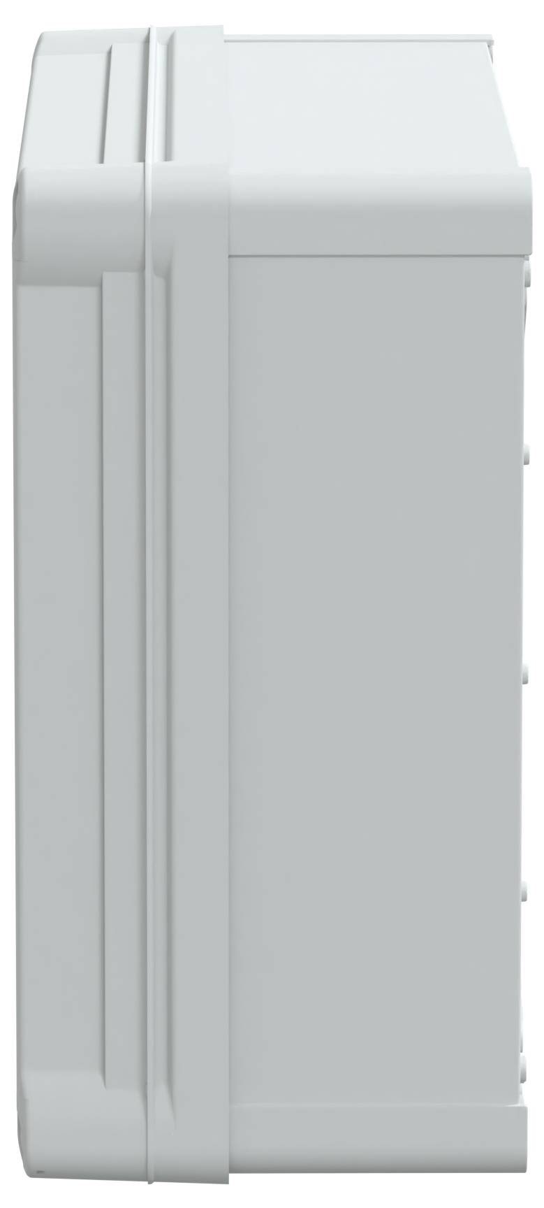 Un dispositif rectangulaire en métal gris clair avec des bords striés, vu de côté.