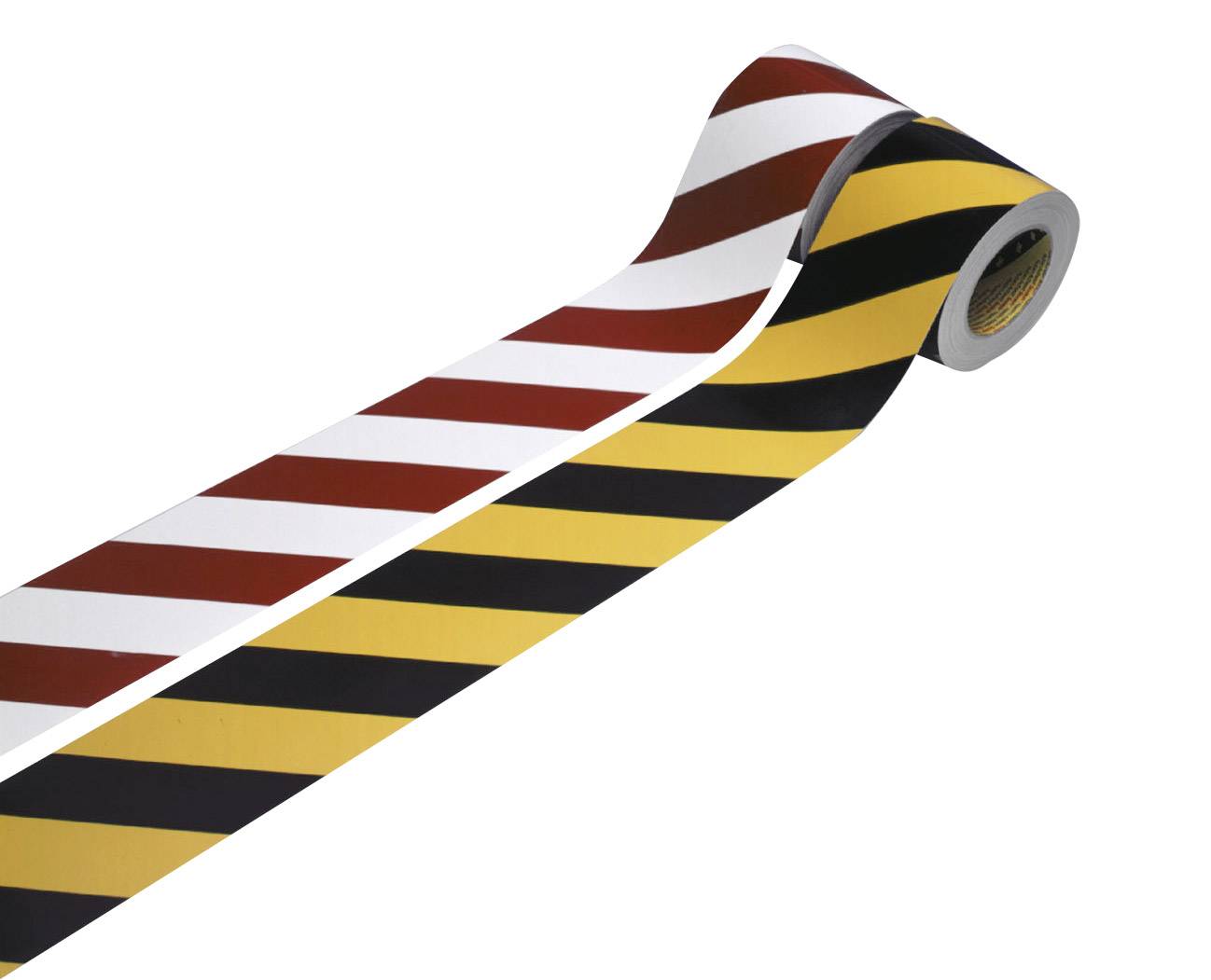 Un rouleau de ruban adhésif à rayures diagonales : rouge/blanc et jaune/noir.
