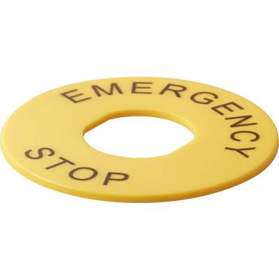 Bouton d'arrêt d'urgence circulaire jaune portant l'inscription 'EMERGENCY STOP', typiquement utilisé pour les boutons d'arrêt d'urgence.