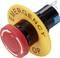 Bouton d'arrêt d'urgence, rouge et jaune, avec des flèches indiquant le sens de rotation ; actionné en cas d'urgence pour arrêter la machine.