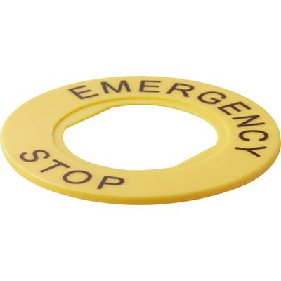 Bouton d'arrêt d'urgence jaune, rond, à inscription sombre, pour l'arrêt immédiat des machines ou des appareils.