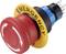 Un bouton d'arrêt d'urgence rouge avec un anneau jaune, portant l'inscription 'EMERGENCY', et une connexion électrique bleue à l'arrière.