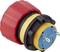 Un boîtier de connexion électrique circulaire rouge avec une base bleue côté fiche et des éléments métalliques.