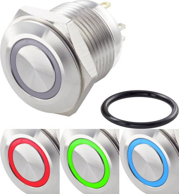 TRU COMPONENTS TC-7494612 TC-GQ16F-10E/41RGB/ Bouton-poussoir antivandalisme 48 V/DC 2 A 1 x Off/(On) à rappel rouge, vert, bleu, RVB IP65 1 pc(s)