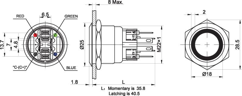 Dessin technique d'une fiche circulaire avec dimensions et vues détaillées de face, de côté et de dessus. Mesures et détails indiqués.