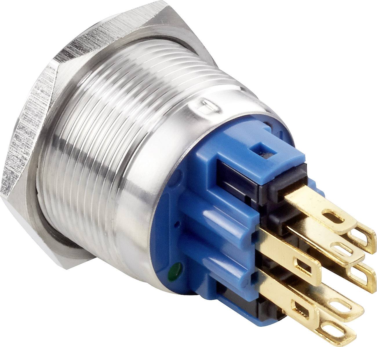 Interrupteur métallique avec boîtier argenté et base en plastique bleu. Plusieurs broches de connexion dorées dépassent.