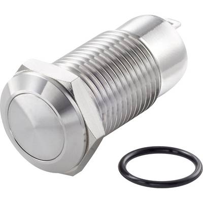 Interrupteur métallique avec bouton circulaire et boîtier strié, à côté d'un joint torique noir.