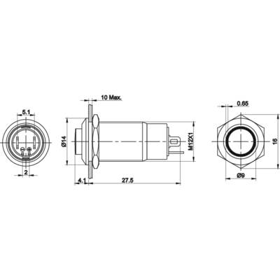 Dessin technique d'un connecteur cylindrique avec dimensions et vues de face, de côté et de dos.