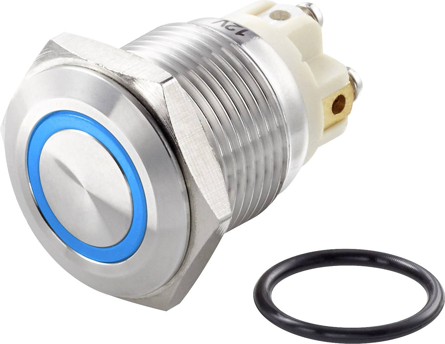 Un interrupteur métallique rond en argent avec un anneau lumineux bleu et un joint noir. Adapté aux applications électroniques.