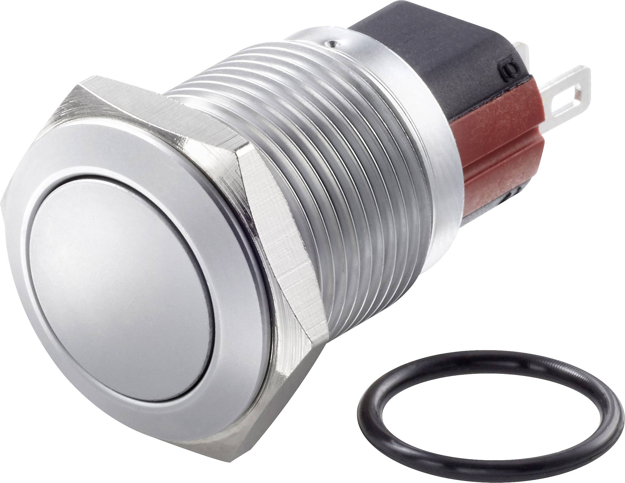 Bouton-poussoir métallique argenté avec écrou de fixation et joint torique séparé. Adapté aux applications industrielles ou techniques.