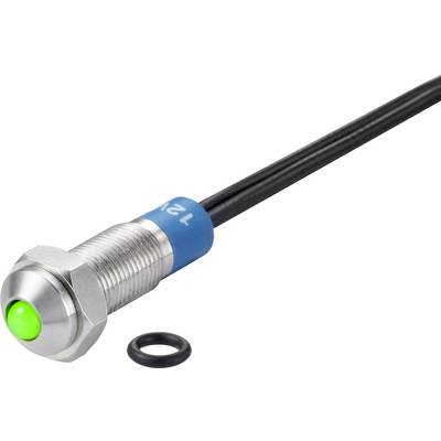 Un capteur métallique cylindrique avec une partie lumineuse verte à son extrémité et un câble connecté. Un joint d'étanchéité noir est posé à côté.