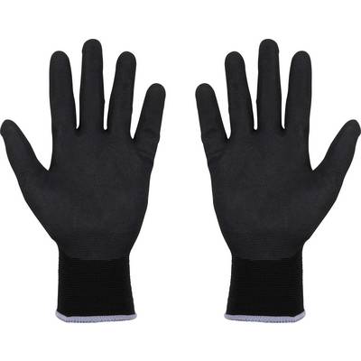 Deux gants noirs aux longues manchettes, tendus vers l'avant. Ils sont disposés de manière symétrique et semblent adaptés à un usage général.