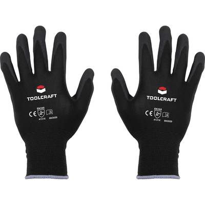 Deux gants de travail noirs de Toolcraft, munis de normes de protection et de cachets de contrôle sur le dos de la main, adaptés à divers travaux.