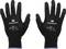 Deux gants de travail noirs de Toolcraft, munis de normes de protection et de cachets de contrôle sur le dos de la main, adaptés à divers travaux.