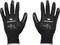Gants de travail noirs avec des revêtements gris sur les paumes, nom de marque 'Toolcraft' et spécifications techniques visibles.