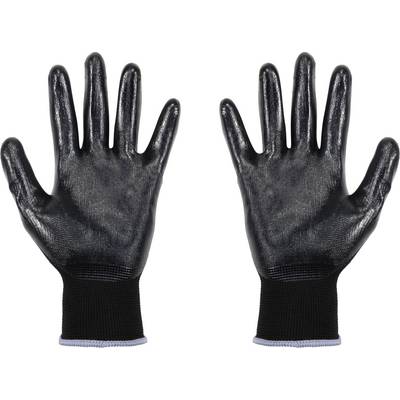 Deux gants de protection noirs aux surfaces ondulées, ouverts vers le haut. Ils offrent protection et adhérence pour les mains.